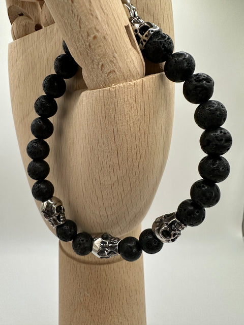 Armband Lavastein schwarz, Totenkopf Edelstahl