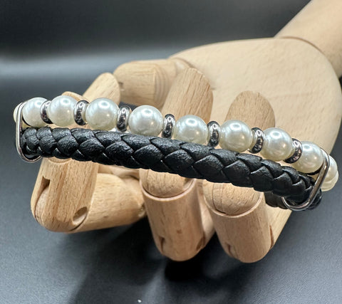 Armband Leder schwarz,Perle weiss