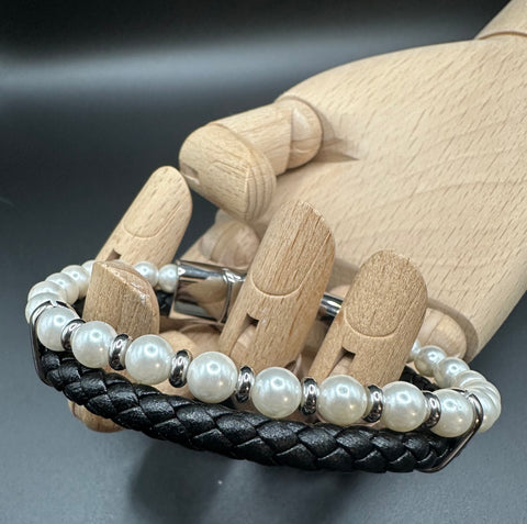 Armband Leder schwarz,Perle weiss