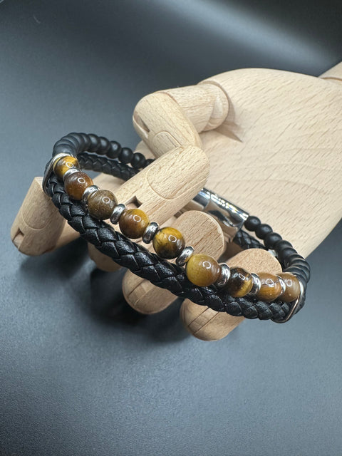 Armband Leder schwarz, Tigerauge