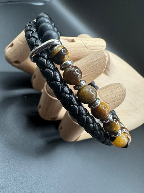 Armband Leder schwarz, Tigerauge