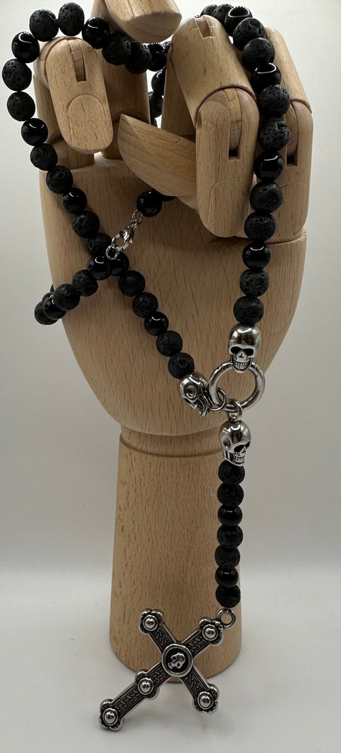 Chain stainless steel, lava beads black, skull, cross