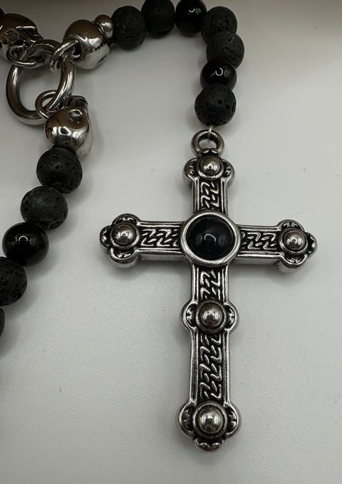 Herren Halskette - Lavasteine & Edelstahl-Anhänger / Totenkopf & abnehmbares Kreuz  62 cm maskuliner Styel