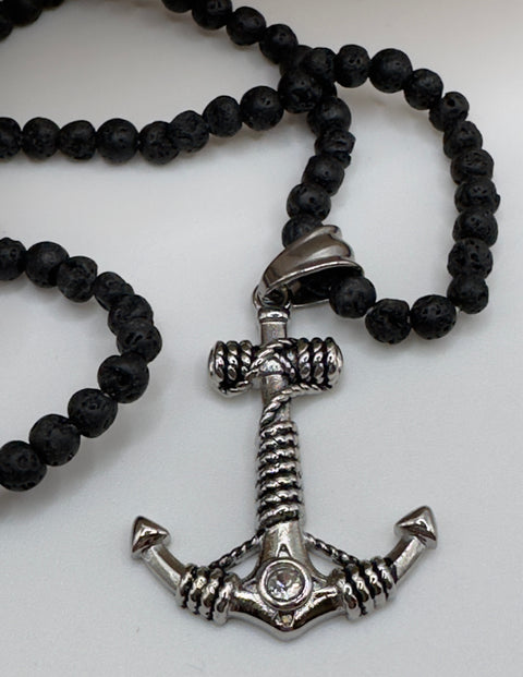 Herren Halskette - Lavastein mit Edelstahl-Anker / 65 cm maskuliner Style mit Tiefgang
