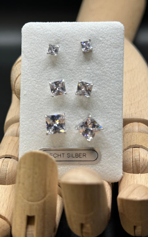 Herren Ohrstecker 3er-Set- 925 Silber rhodiniert / Eckige Kristallsteine in 4 mm, 6 mm & 8 mm